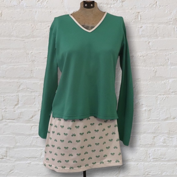 VINTAGE LeJ Green White Tennis Racket Print Mini Skirt & Long Sleeve Top Outfit - Picture 1 of 14